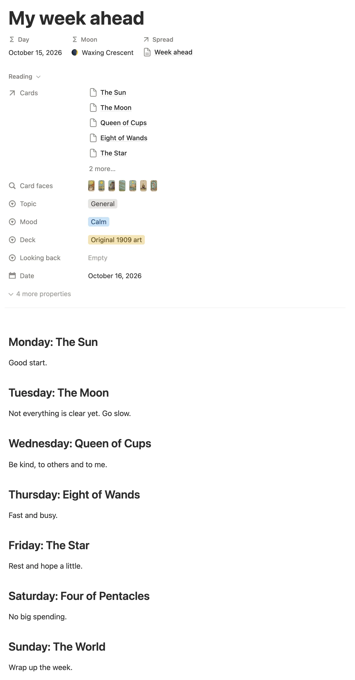 The My week ahead reading with seven cards and a line for each day