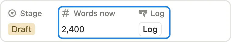 Words now and the Log button marked on a chapter page