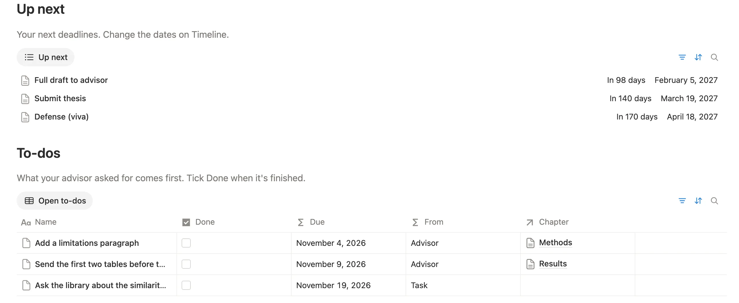 Up next with the full draft, submission and defense dates, above open advisor to-dos