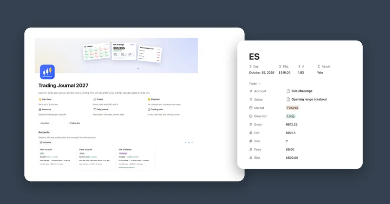 The Trading Journal 2027 main page with account cards next to a trade page with P&L, R and Result
