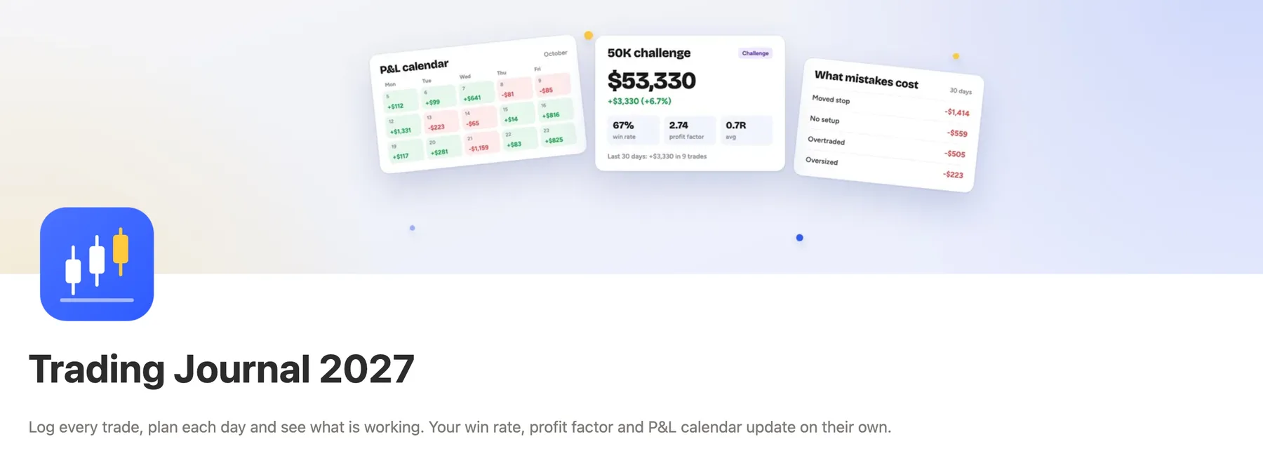 The top of the Notion trading journal main page with its cover, icon and title