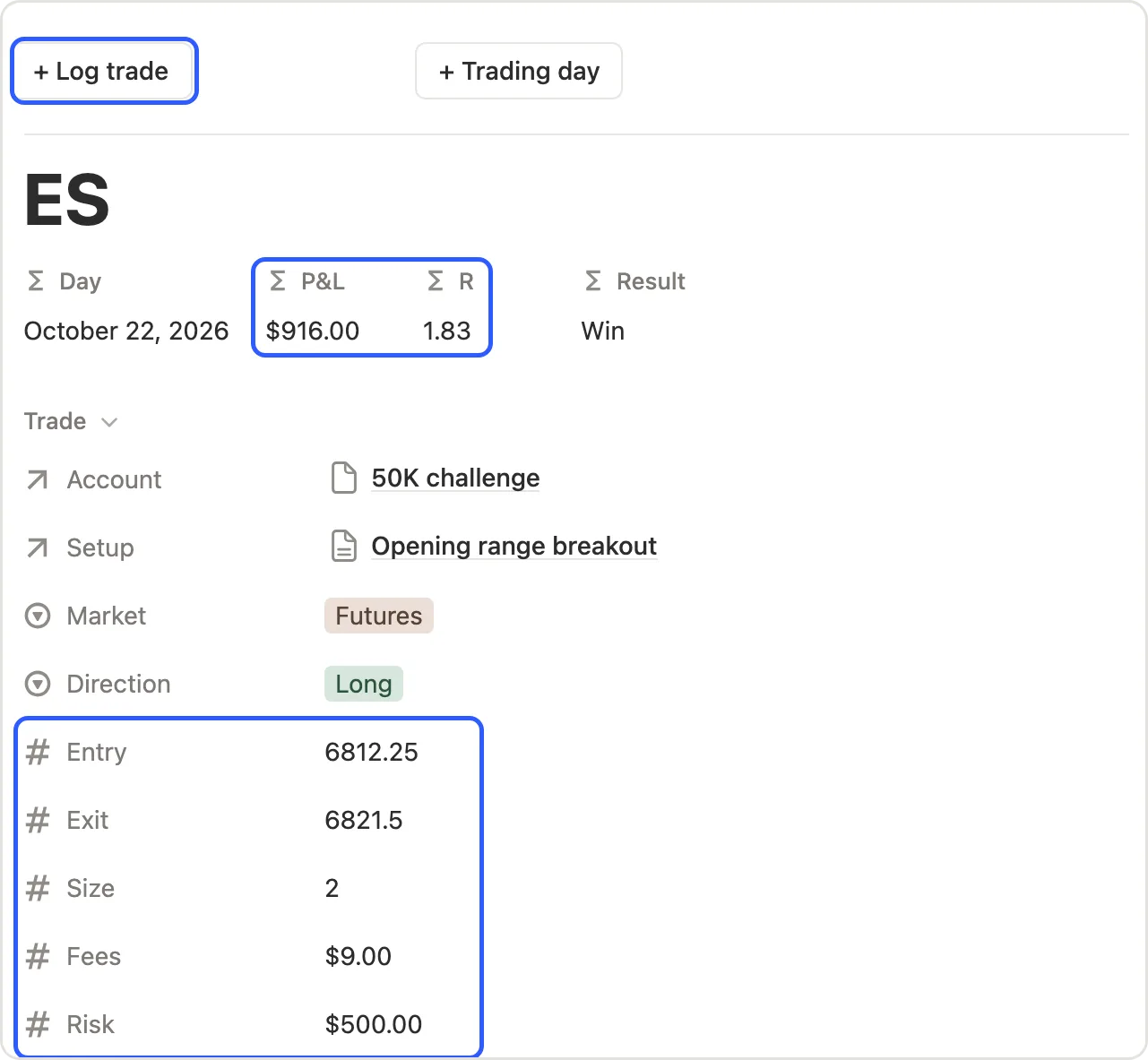 The + Log trade button and the entry, exit, size, fees and risk fields marked, with P&L and R