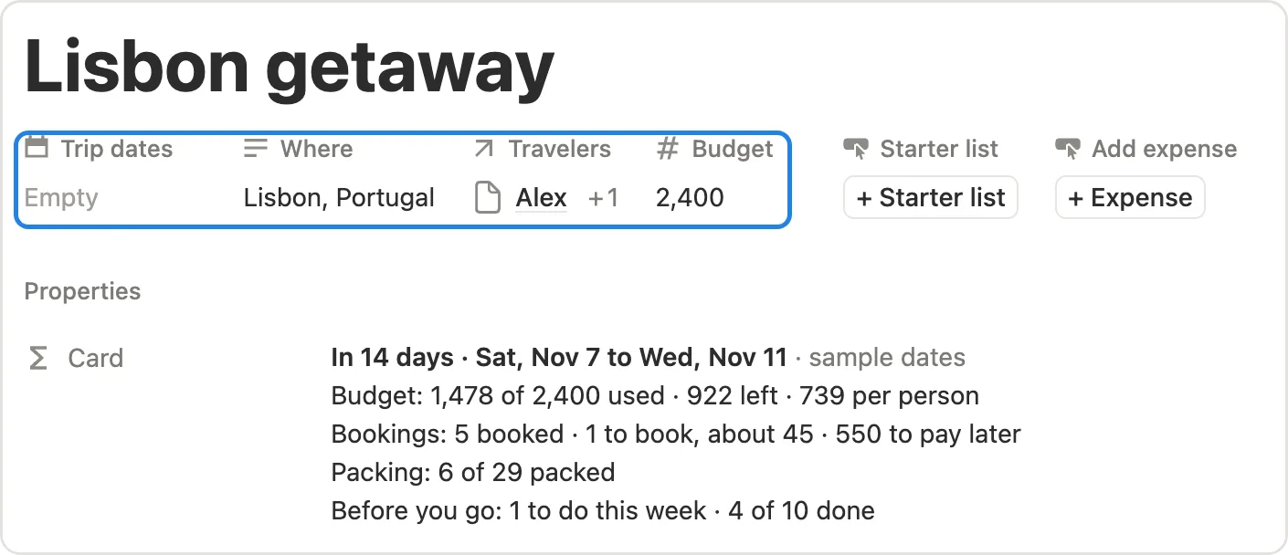 Trip dates, Where, Travelers and Budget marked on the Lisbon getaway page