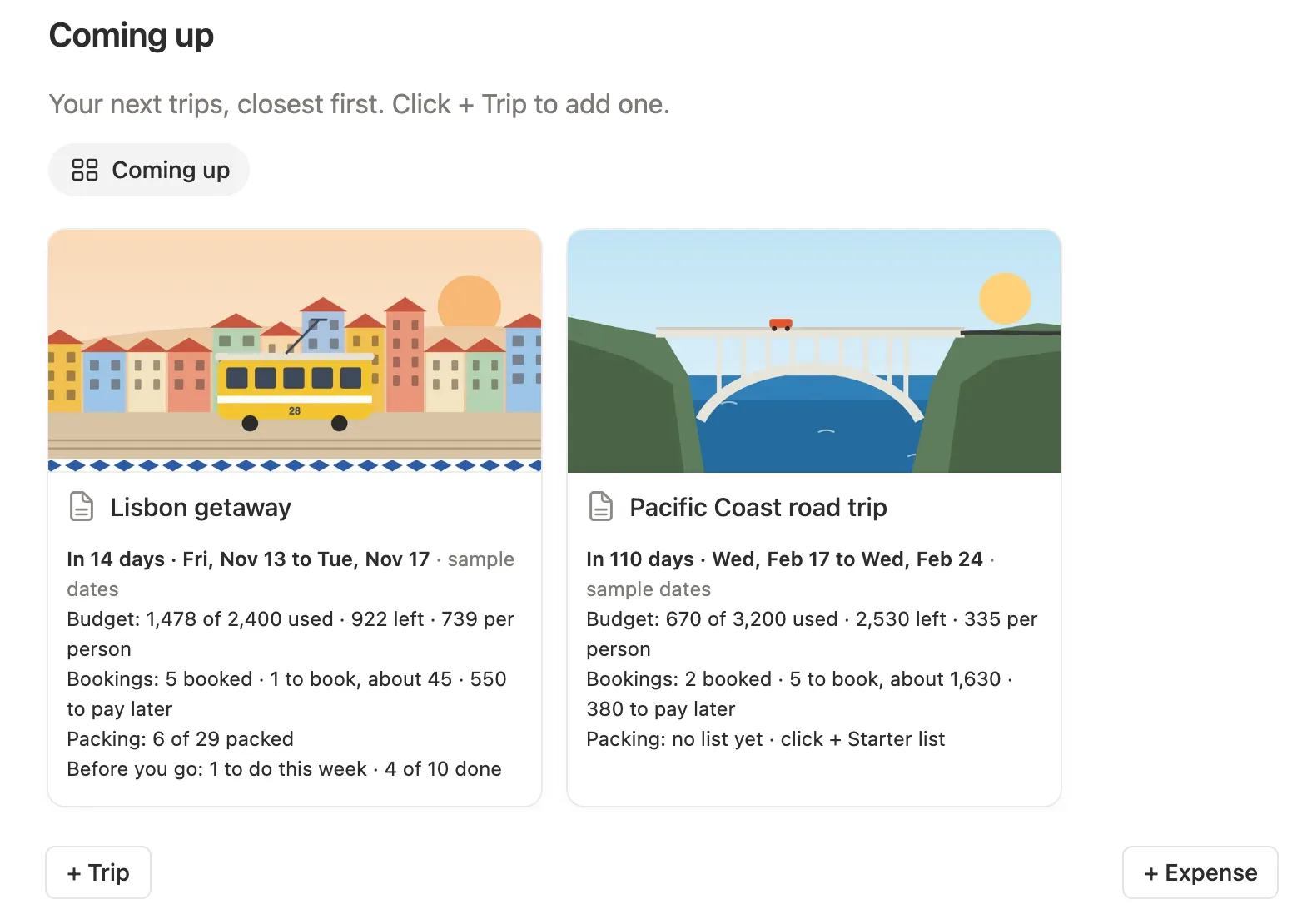 Lisbon getaway and Pacific Coast road trip cards with days to go, budget, bookings and packing