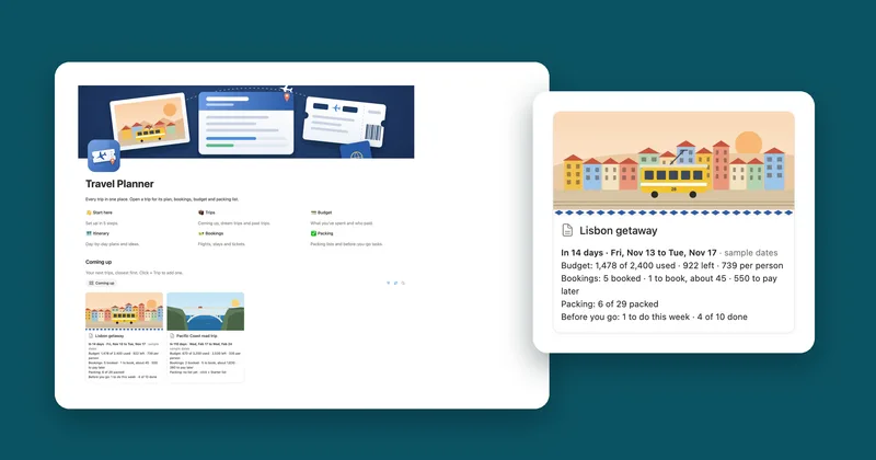 The Travel Planner home page next to the Lisbon getaway card with budget, bookings and packing