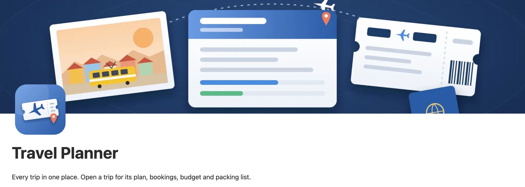 The top of the Notion travel planner home page with its cover, icon and title