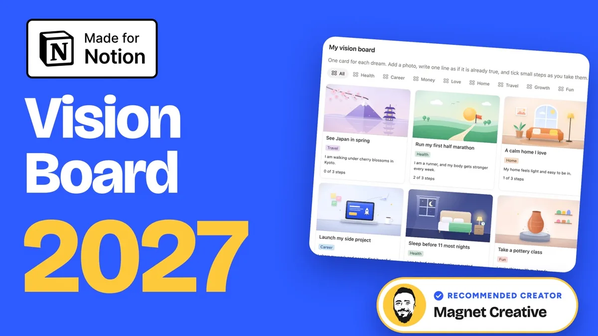 Cover of the 50 second video tour of the Notion vision board template for 2027