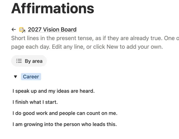 Affirmations page with short lines grouped by life area