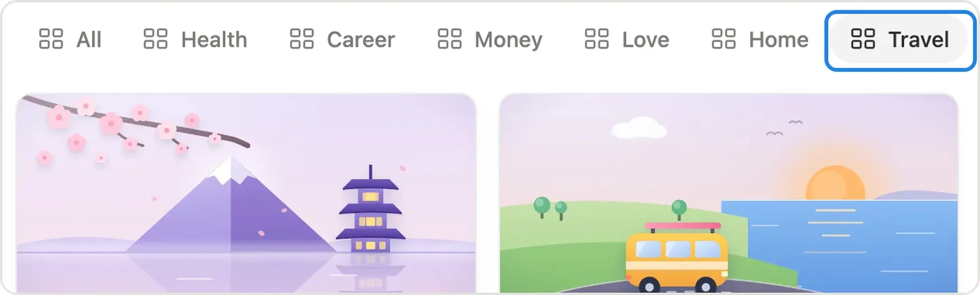 The area tabs above the board, with the Travel tab open