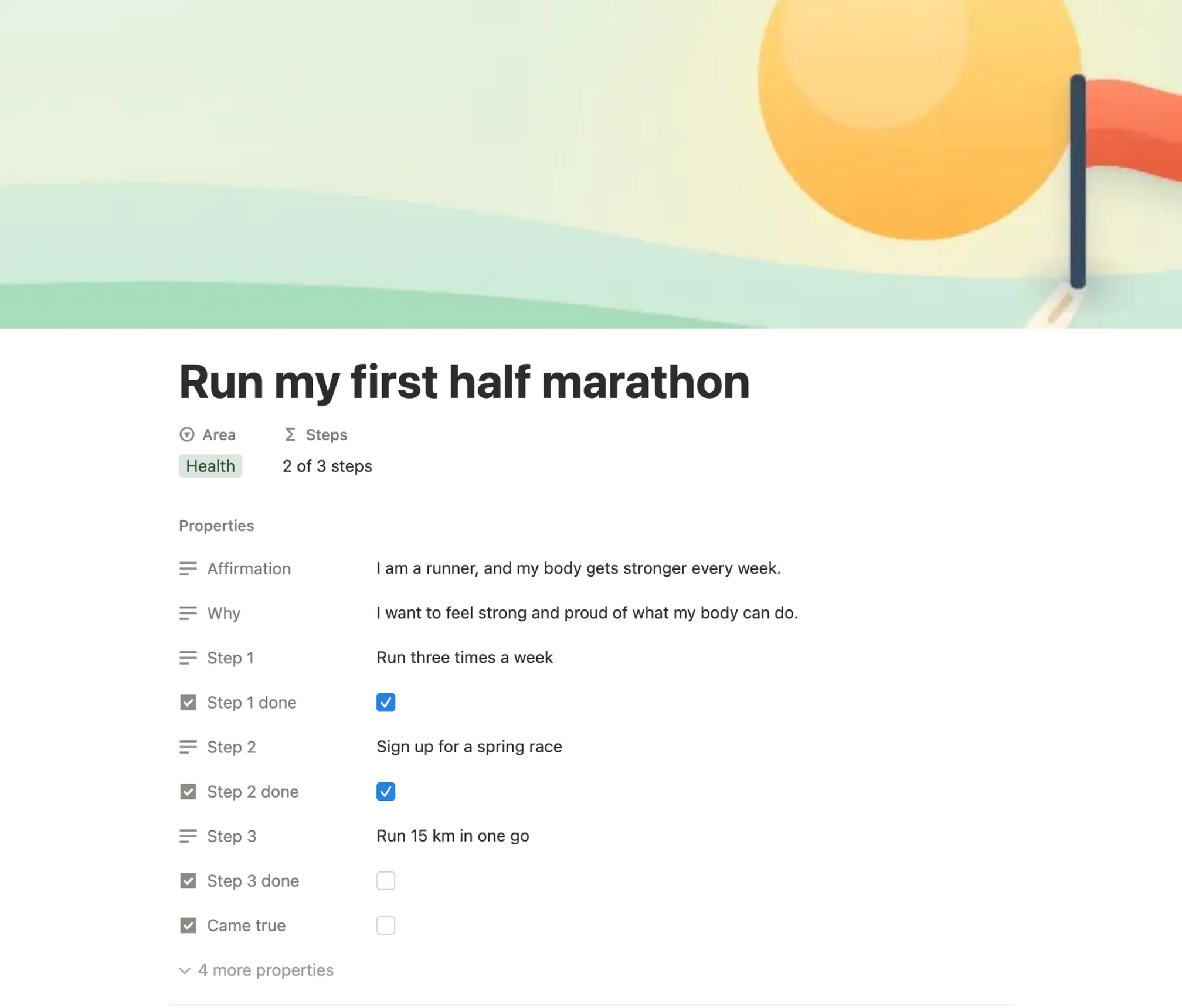 Card page for Run my first half marathon: Health, 2 of 3 steps, its affirmation, why, three steps and Came true