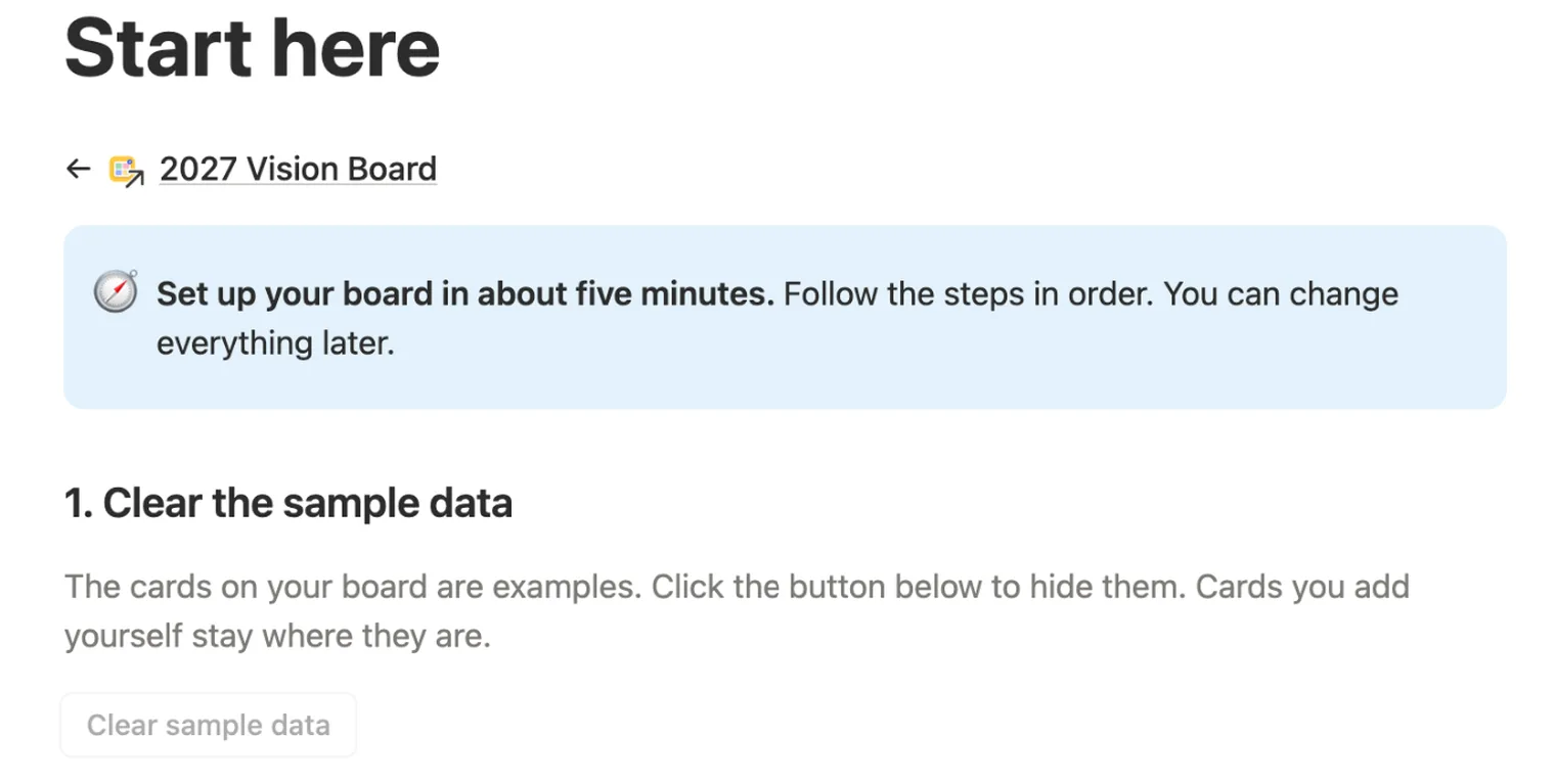 Start here page with the Clear sample data button under the first step