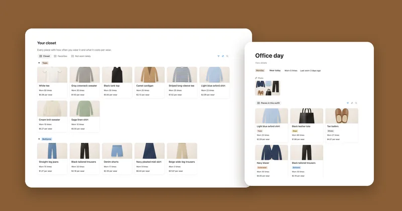 The Wardrobe Planner closet with photos next to the Office day outfit page and its pieces