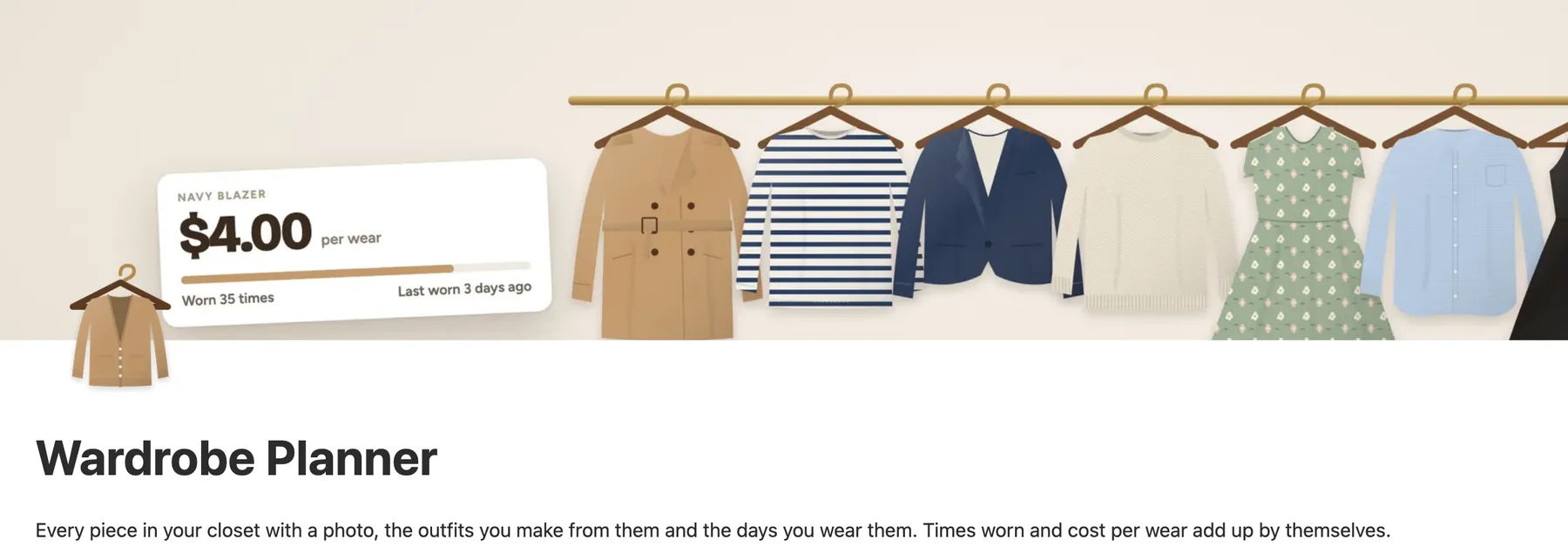 The top of the Notion wardrobe planner main page with clothes on a rail as its cover
