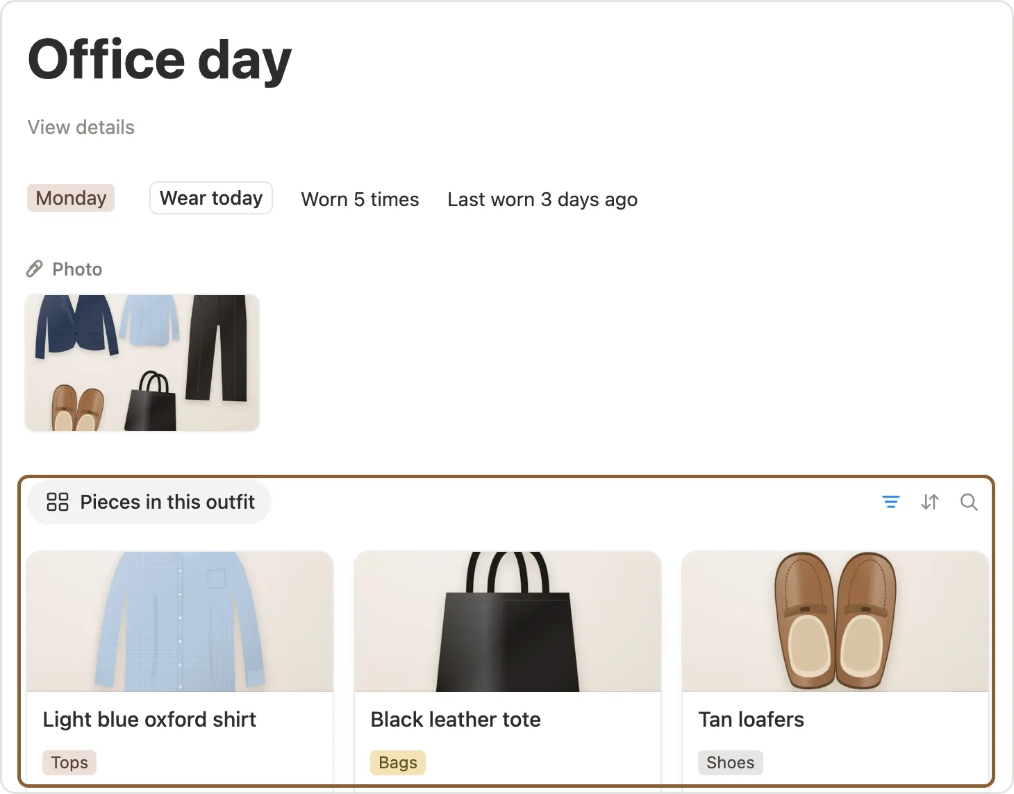 The Pieces in this outfit gallery marked on the Office day page