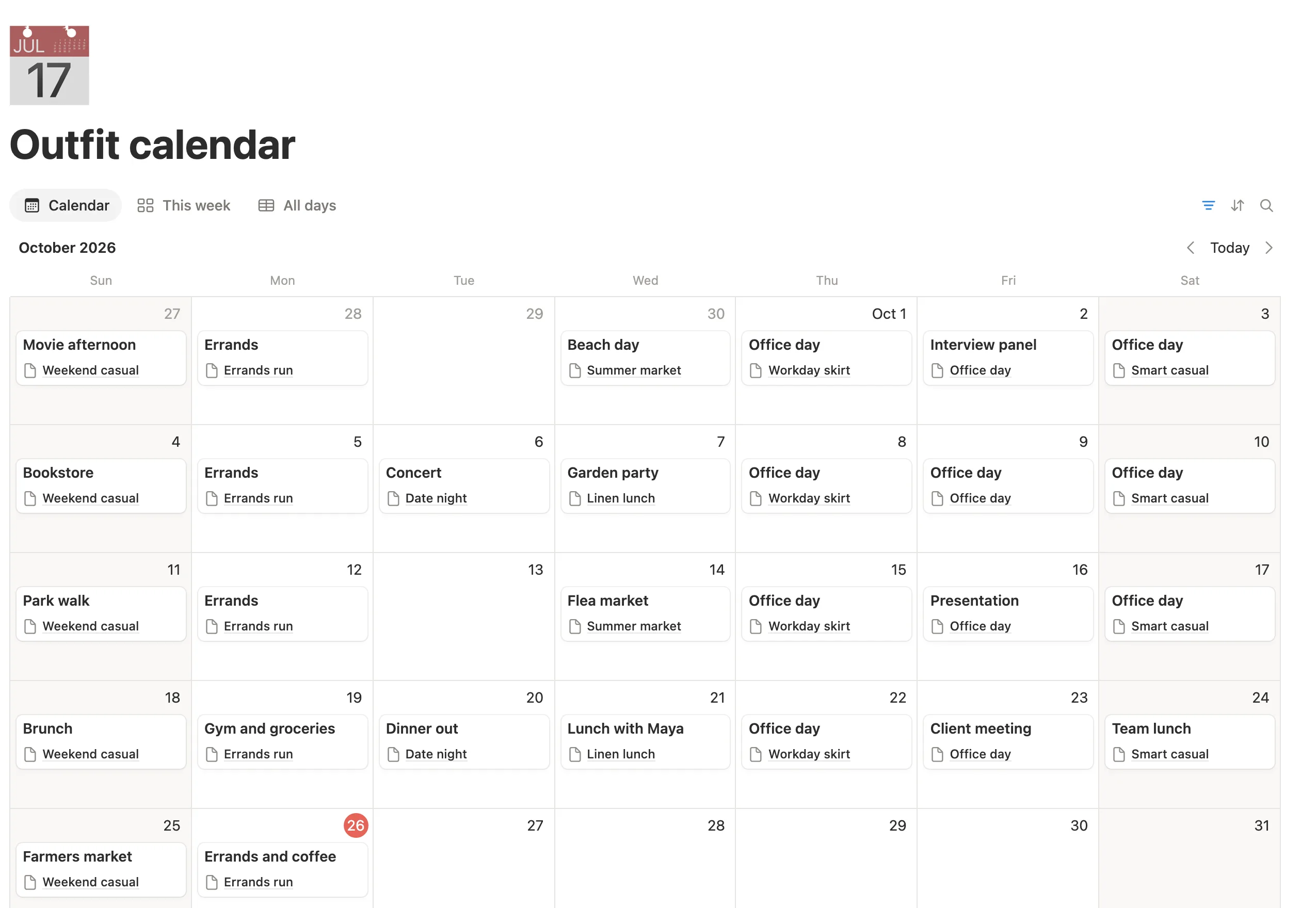 The outfit calendar for the month with an outfit on most days