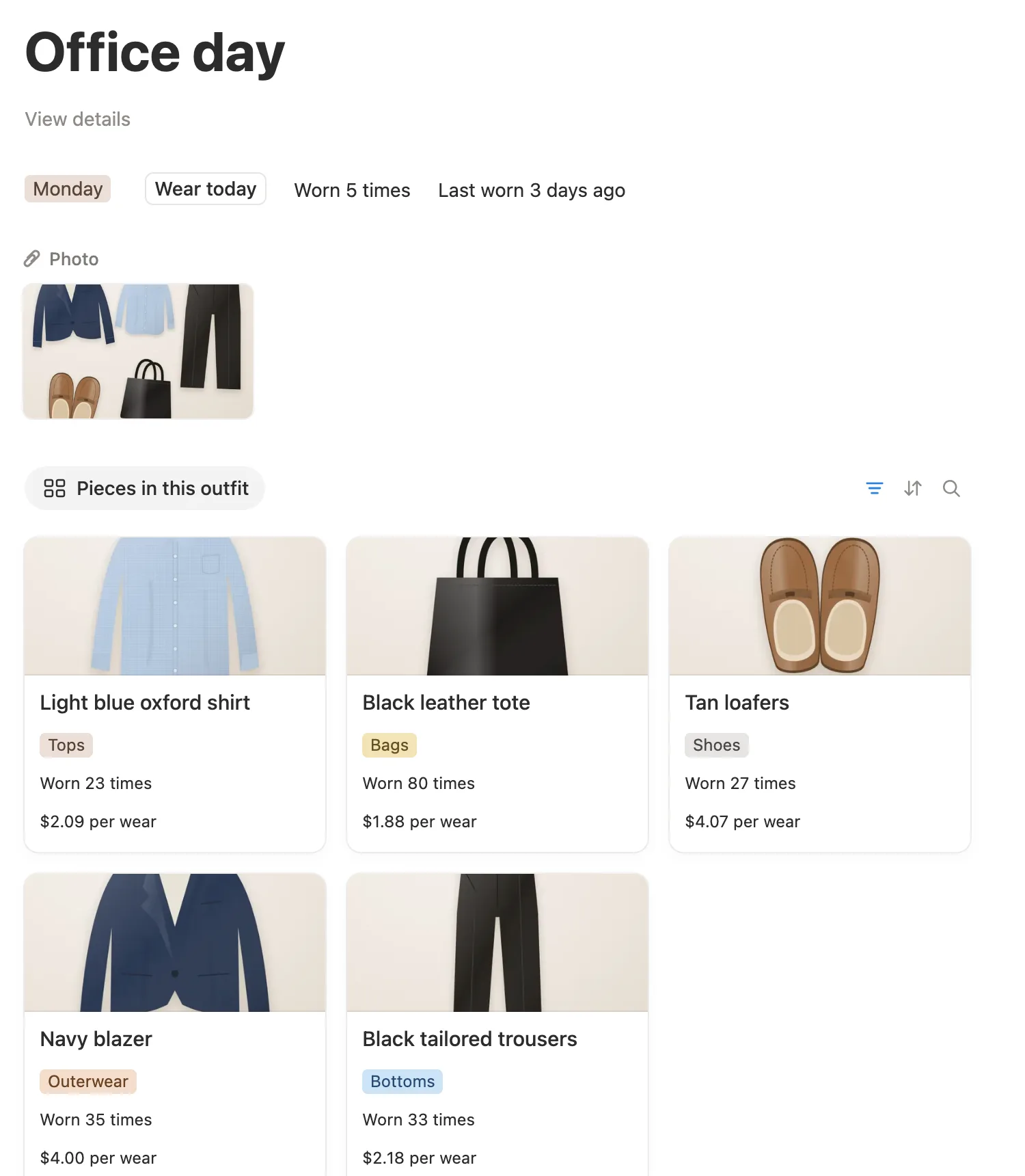 The Office day outfit page with its plan day, wears and five pieces with photos
