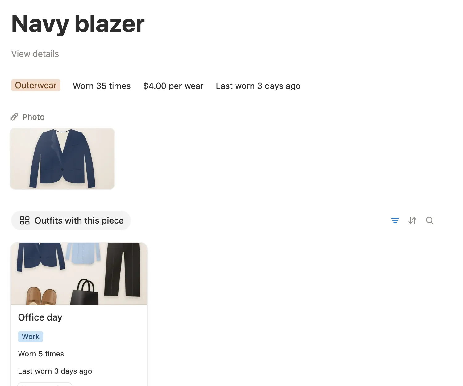 The Navy blazer page with 35 wears, $4.00 per wear and the outfit it’s in