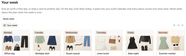 The Your week board with an outfit photo for each day from Monday to Saturday