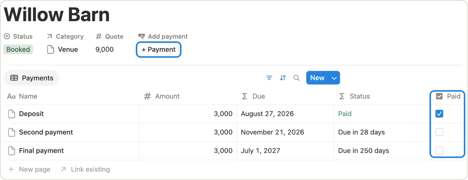 The + Payment button and Paid marked on a vendor page
