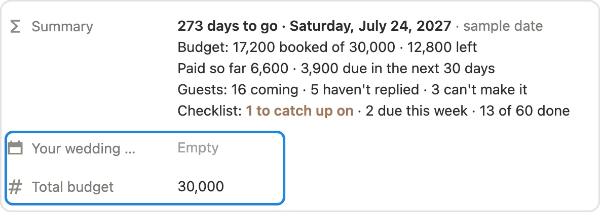 Your wedding date and Total budget marked on the Our wedding page