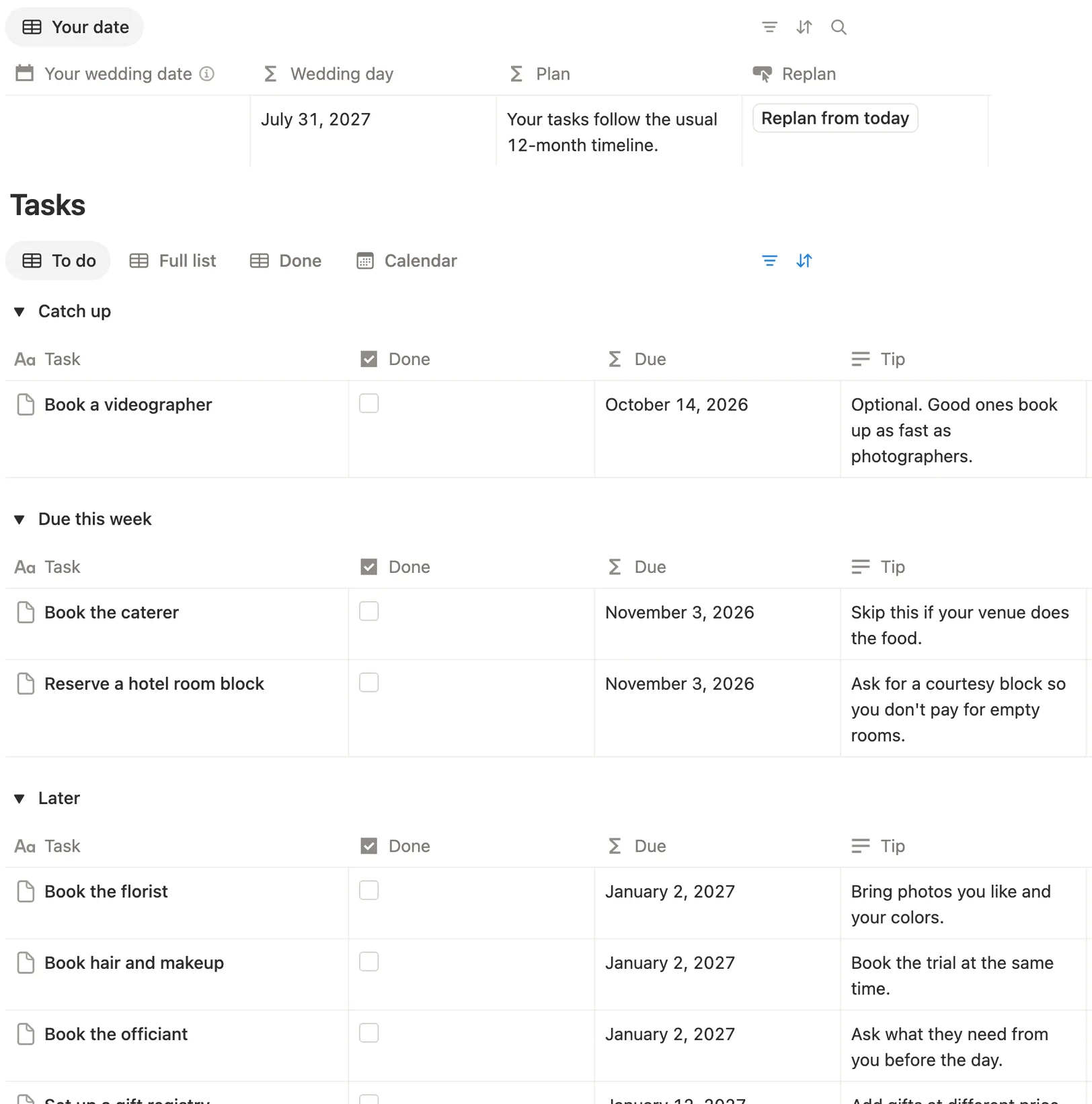 Checklist tasks under Catch up, Due this week and Later, each with its due date and a tip
