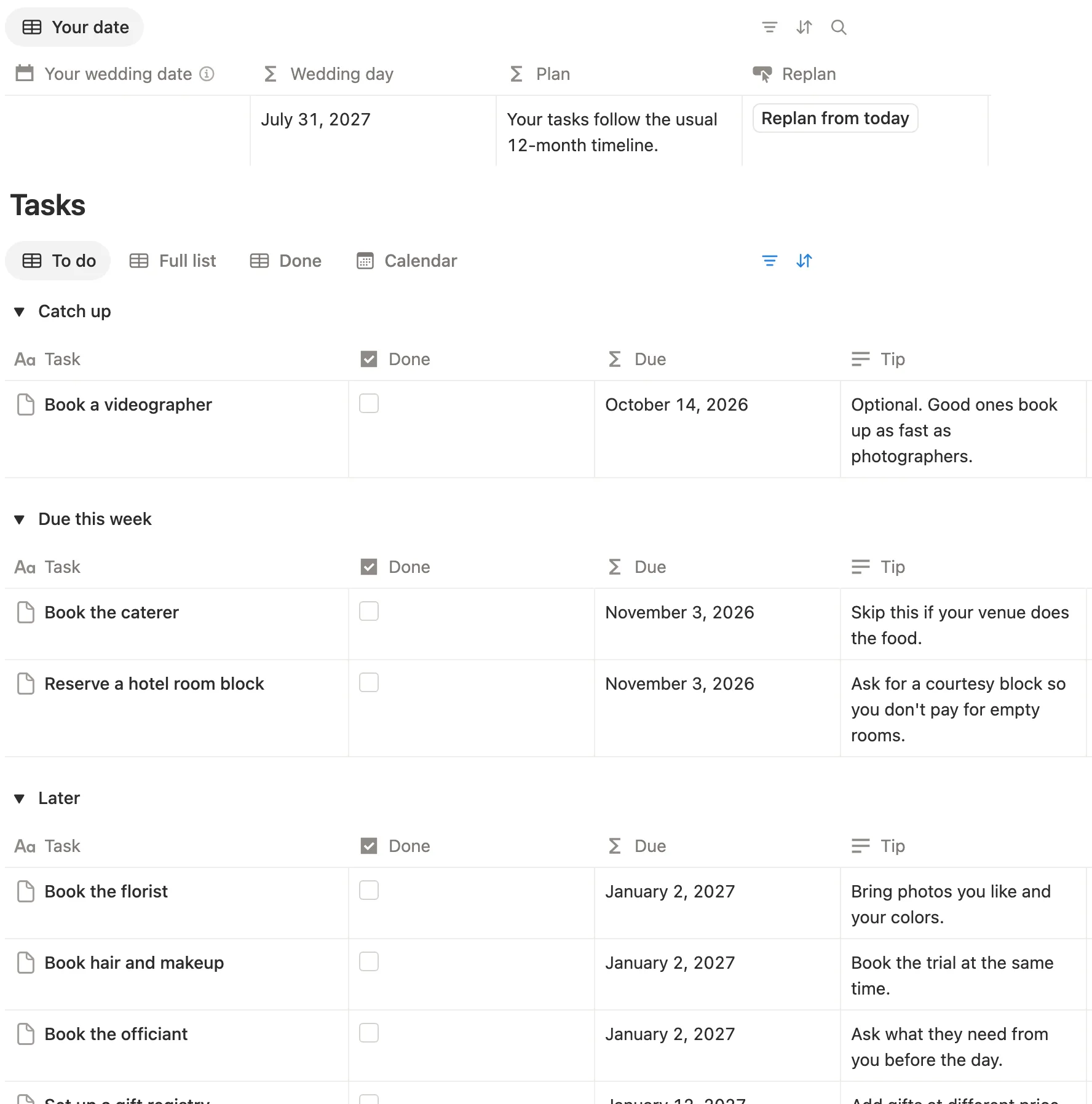 The Checklist with the wedding date row, Replan from today and tasks grouped by when they’re due
