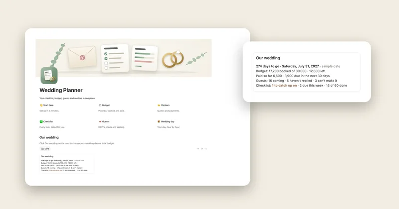 The Wedding Planner main page next to the Our wedding card with days to go, budget, payments and guests