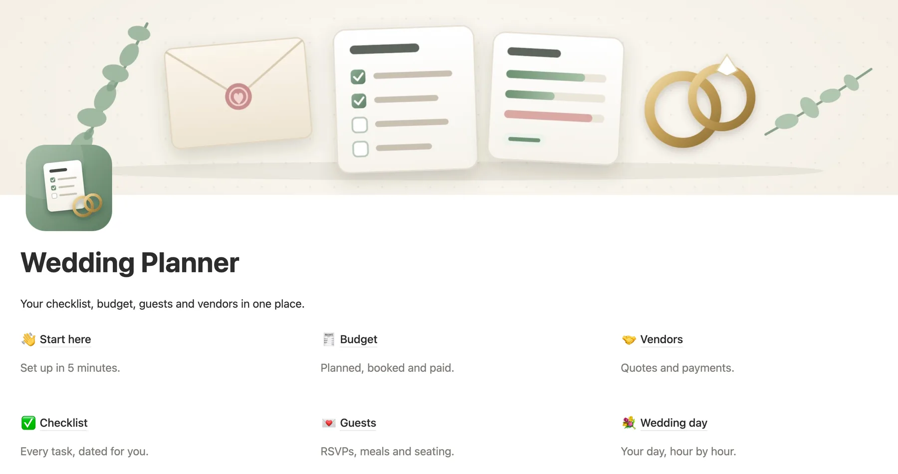 The main page of the Notion wedding planner with links to Checklist, Budget, Guests, Vendors and Wedding day