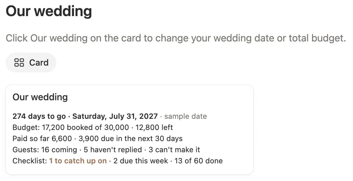 The Our wedding card with days to go, budget booked, payments due, guests coming and checklist progress