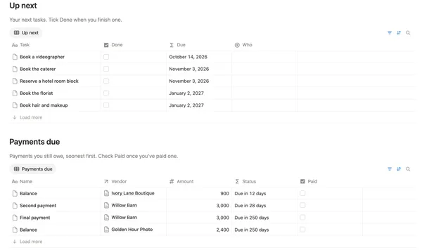 Up next tasks with due dates above payments due to the boutique, venue and photographer