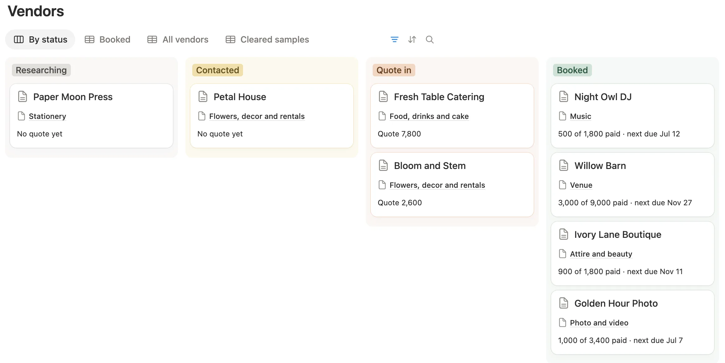 The Vendors board with cards under Researching, Contacted, Quote in and Booked