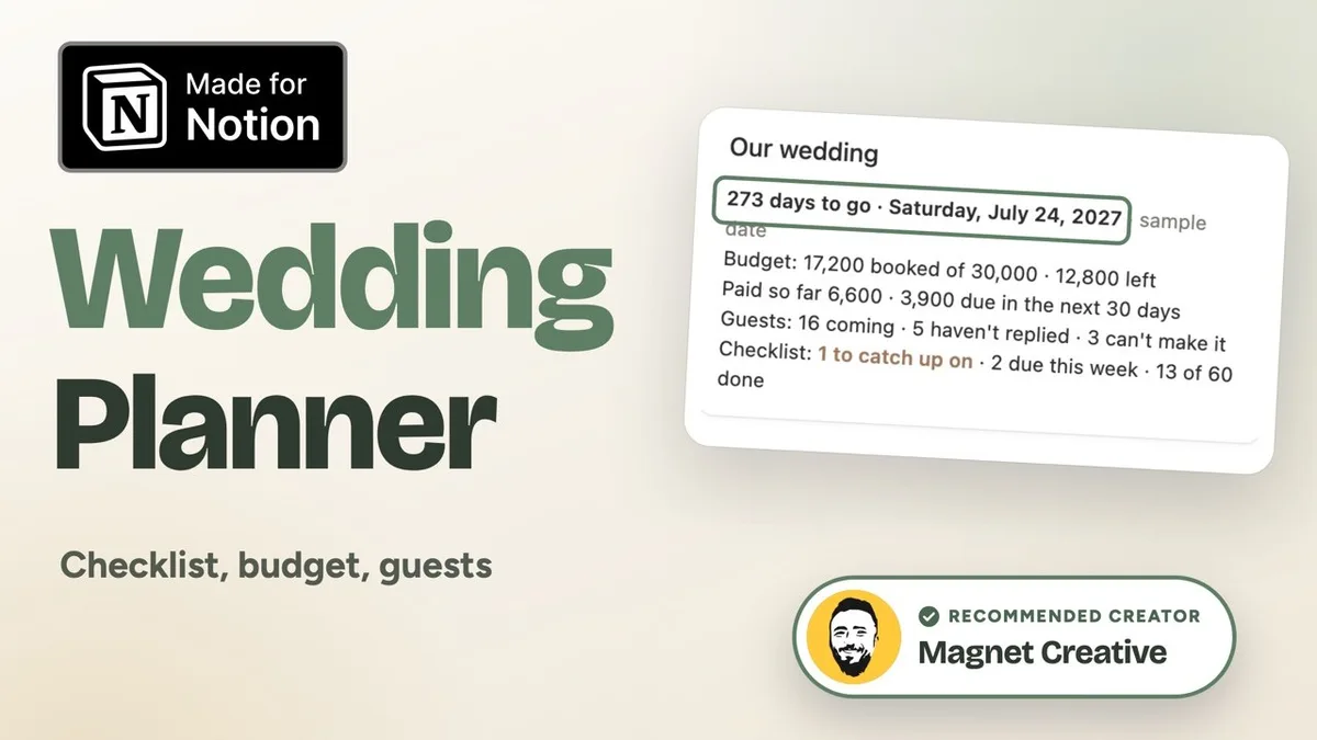 Cover of the 54 second video tour of the Wedding Planner for Notion