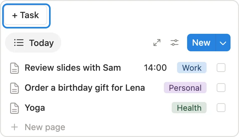 The + Task button above the Today list on the home page
