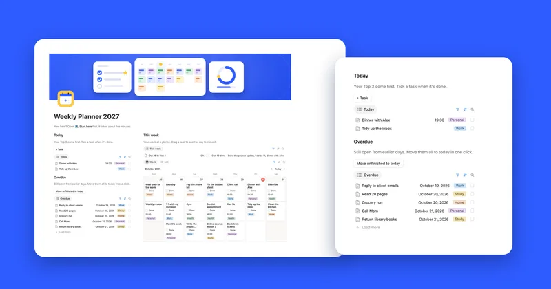 The Weekly Planner 2027 home page with Today, Overdue and the week calendar, next to the Today and Overdue lists