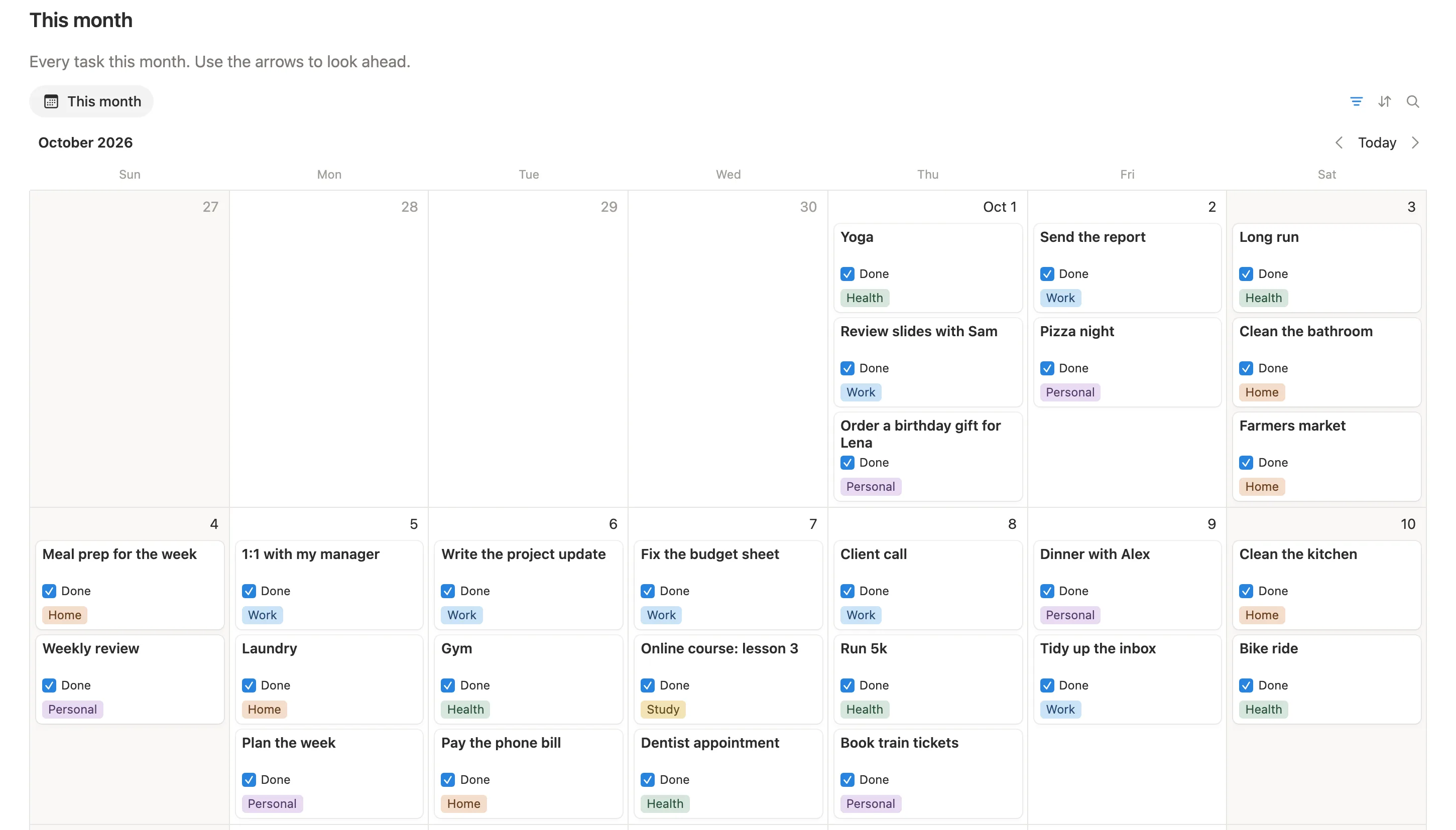 The October 2026 month calendar with done tasks tagged Work, Health, Home and Personal