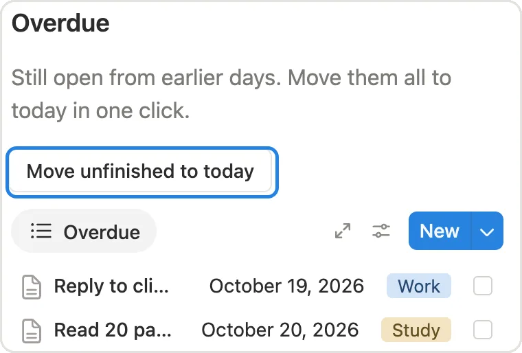 The Overdue list with the Move unfinished to today button marked