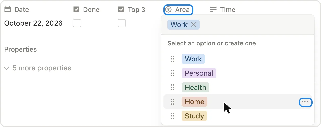 The Area menu on a task with Work, Personal, Health, Home and Study