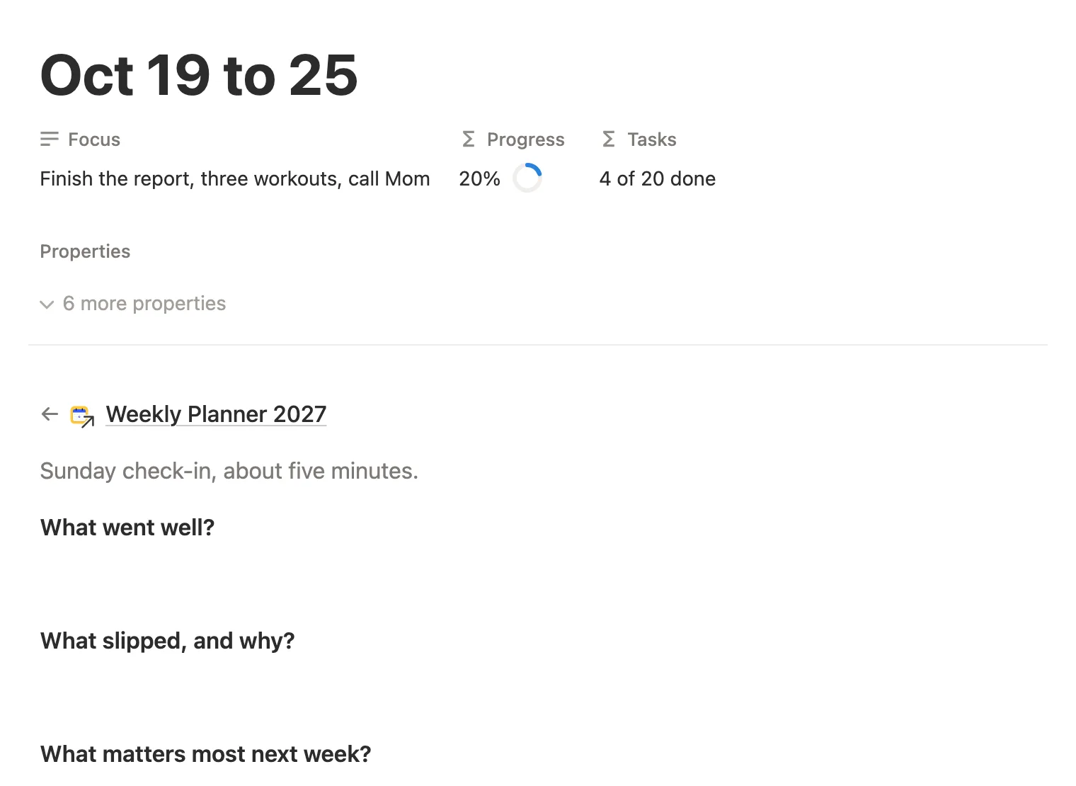 A week page with its focus, 20 percent progress and three Sunday check-in questions