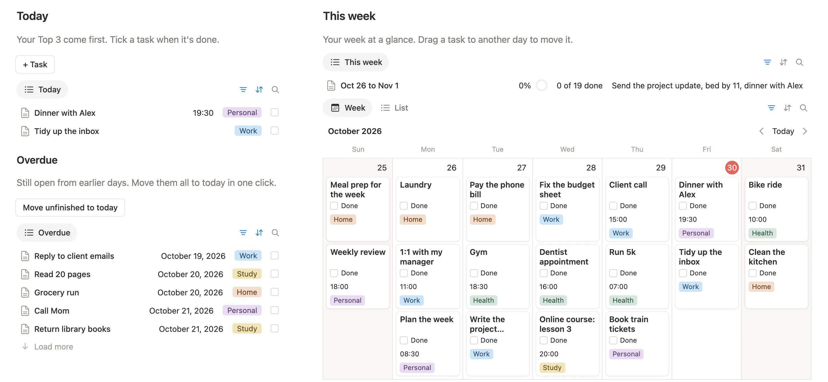 Today with two tasks, five overdue tasks under Move unfinished to today, and the week of Oct 26 to Nov 1