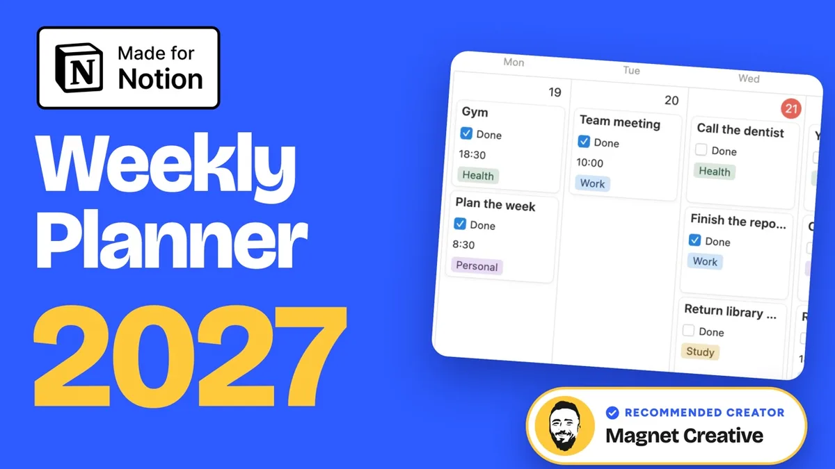 Cover of the 58 second video tour of Weekly Planner 2027 for Notion