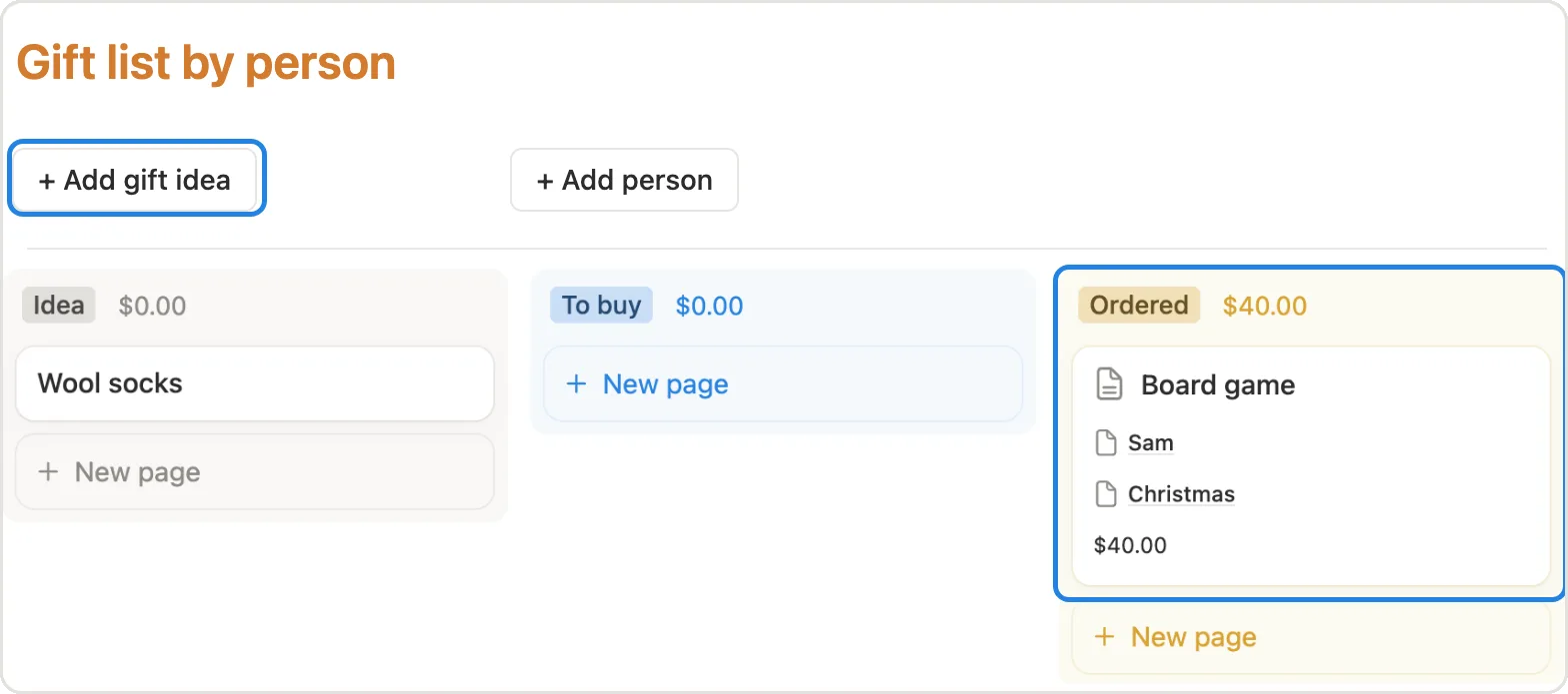 The + Add gift idea button and a board game for Sam in the Ordered column