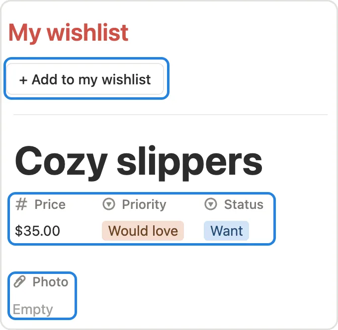 The + Add to my wishlist button and a new item with its Price, Priority, Status and Photo