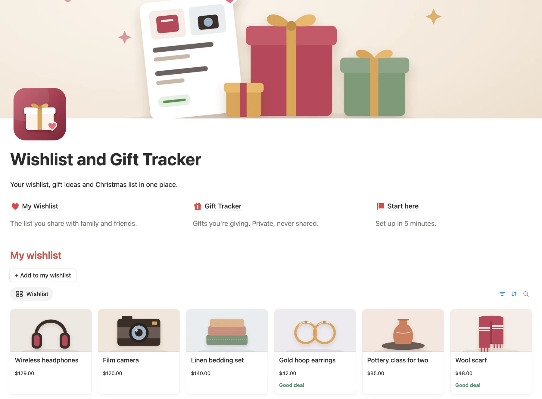 The main page of the Notion wishlist template: a gift cover, three pages to open and the wishlist as photo cards