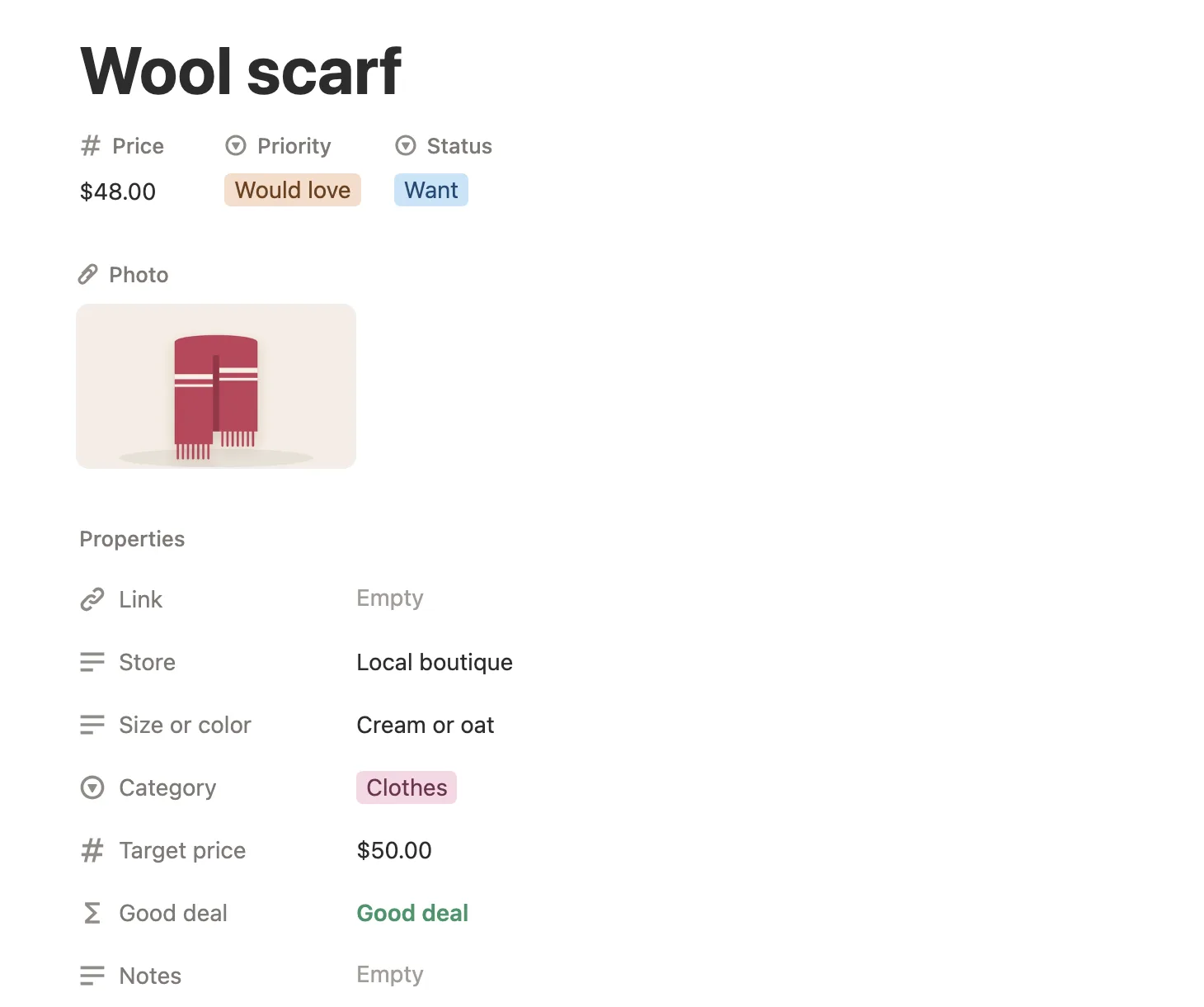 Wool scarf page: $48, Would love, Want, a local boutique, cream or oat, a $50 target price and Good deal