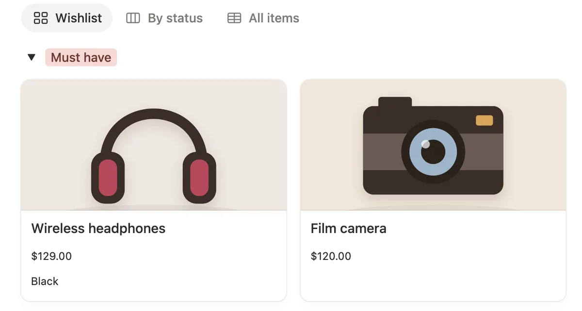 Wireless headphones and a film camera under Must have on My Wishlist, with their prices