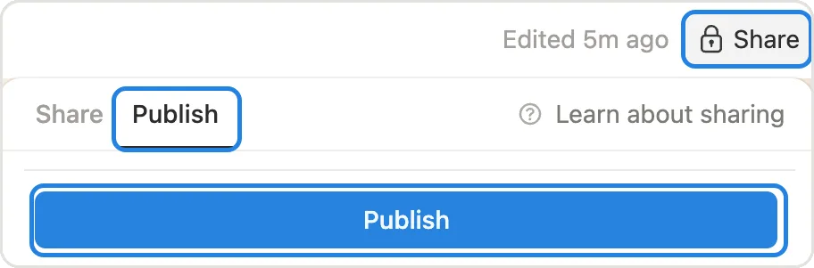 The Share button, the Publish tab and the blue Publish button