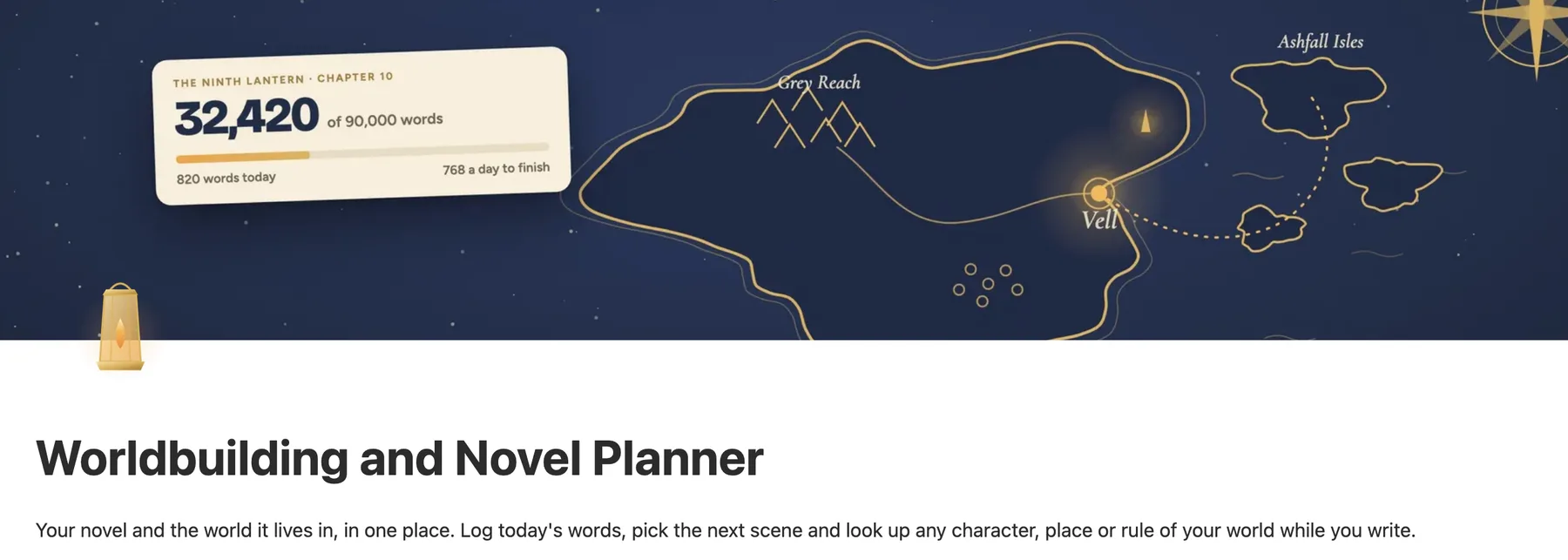 The top of the Notion worldbuilding and novel planner with a gold line map of the story world as its cover
