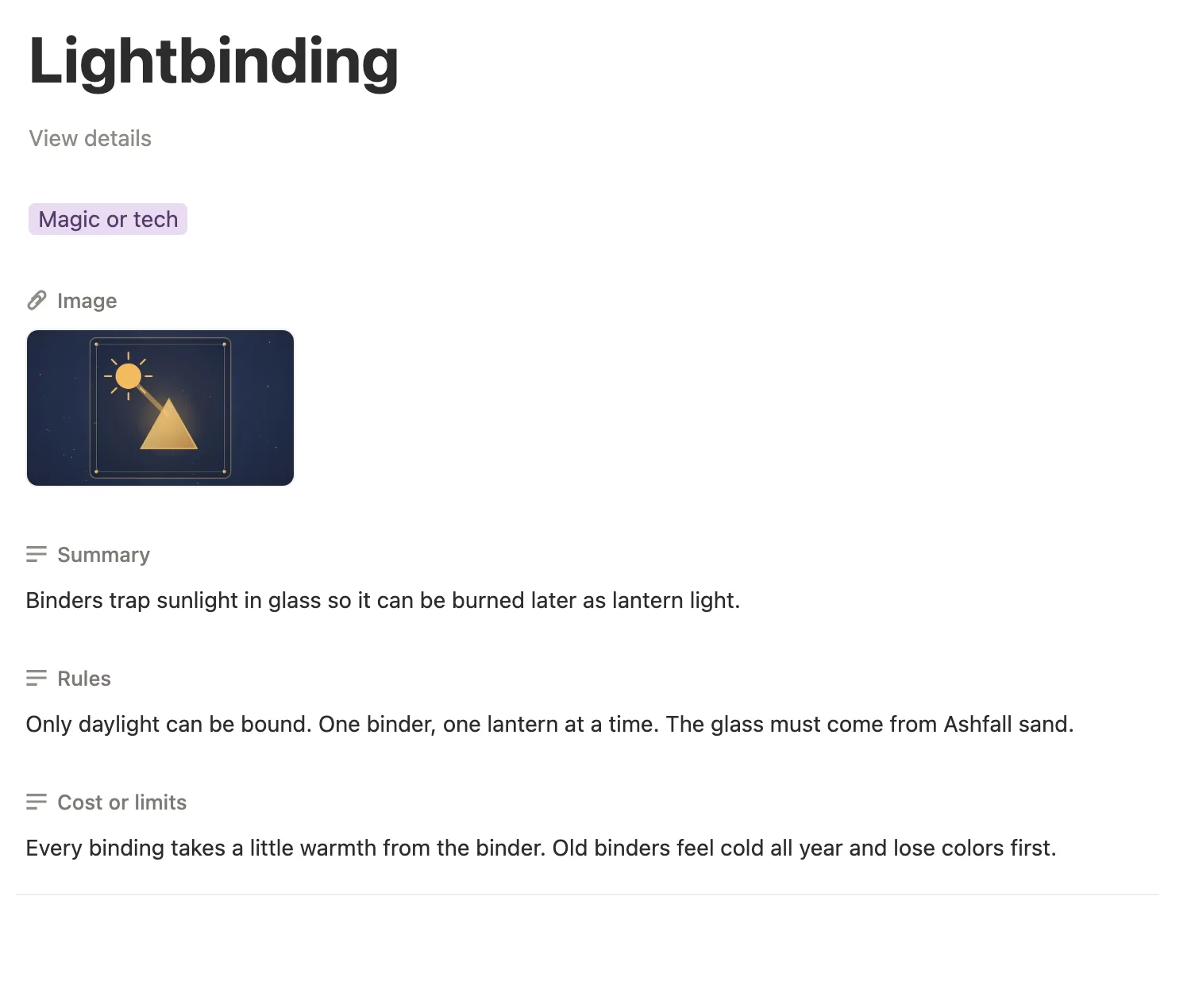 The Lightbinding lore page with its summary, rules and cost or limits
