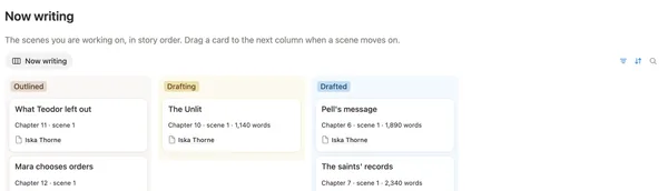 The Now writing board with scenes under Outlined, Drafting and Drafted