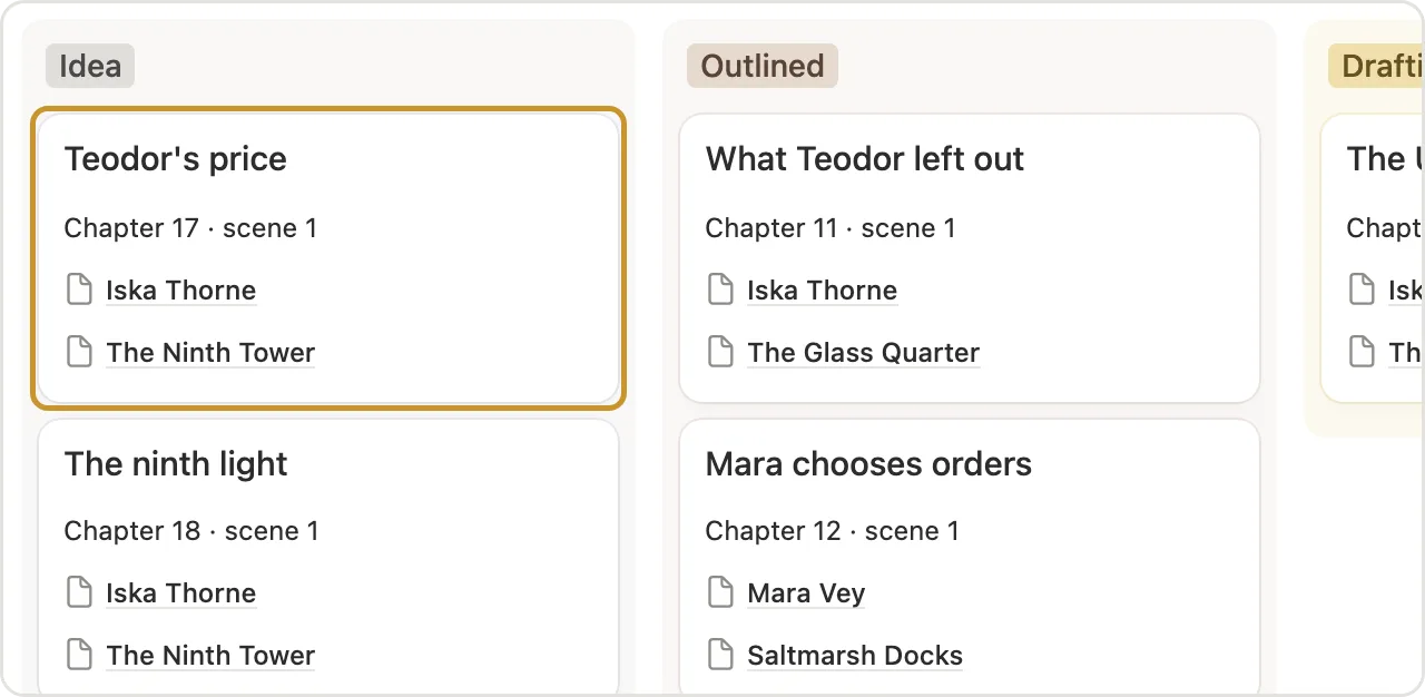 A scene card marked in the Idea column of the scene board